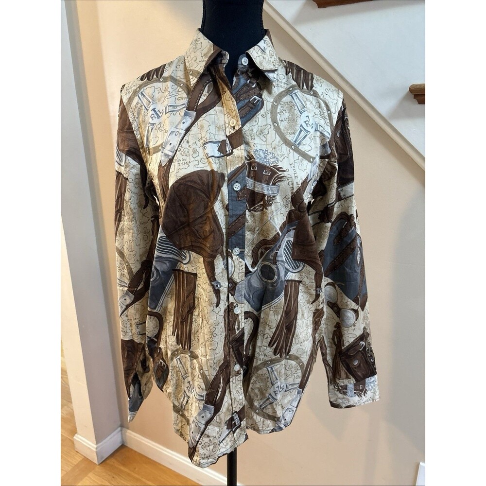 Women’s 100% Silk Aviator Western Print Ralph Lauren Blouse Size 8